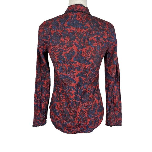 J. Crew Collection Scallop Ruffle Perfect Shirt Poinsettia Paisley Slim Size 0 - Picture 6 of 10